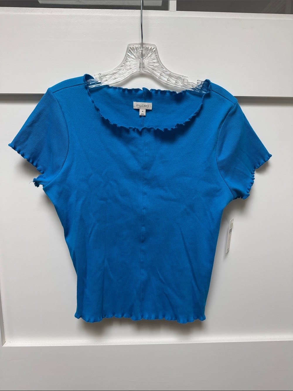 Anthropologie Bright Blue Ribbed Lettuce-Edge Short Sleeve Top